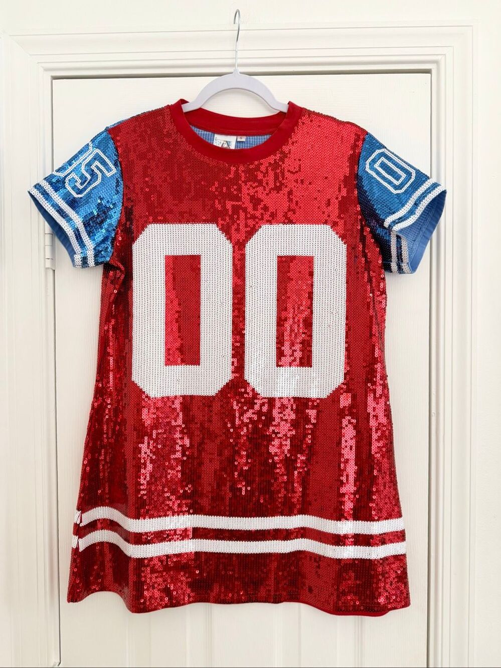 Queen of Sparkles 00 Sequin Jersey Mini Dress Small Red Blue